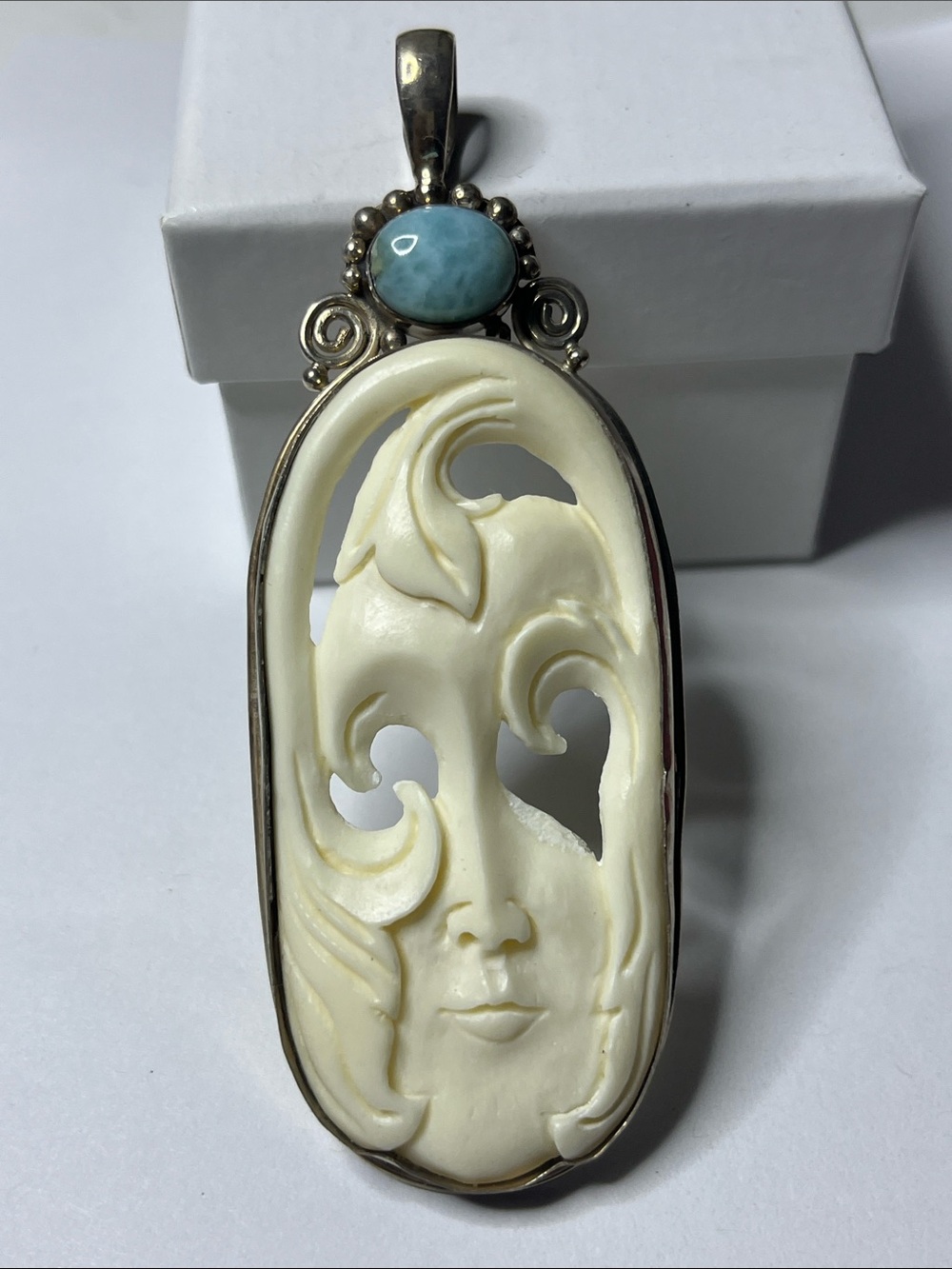 Vintage Carving 925 Sterling silver natural Larimar authentic pendant!